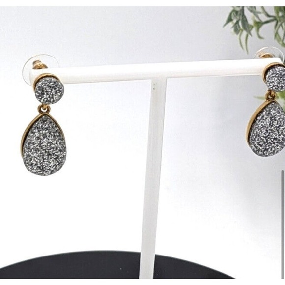 J. Crew Glittery Silver Tear Drop Shaped Druzy Like Smooth Gold Tone Earrings - Picture 5 of 11
